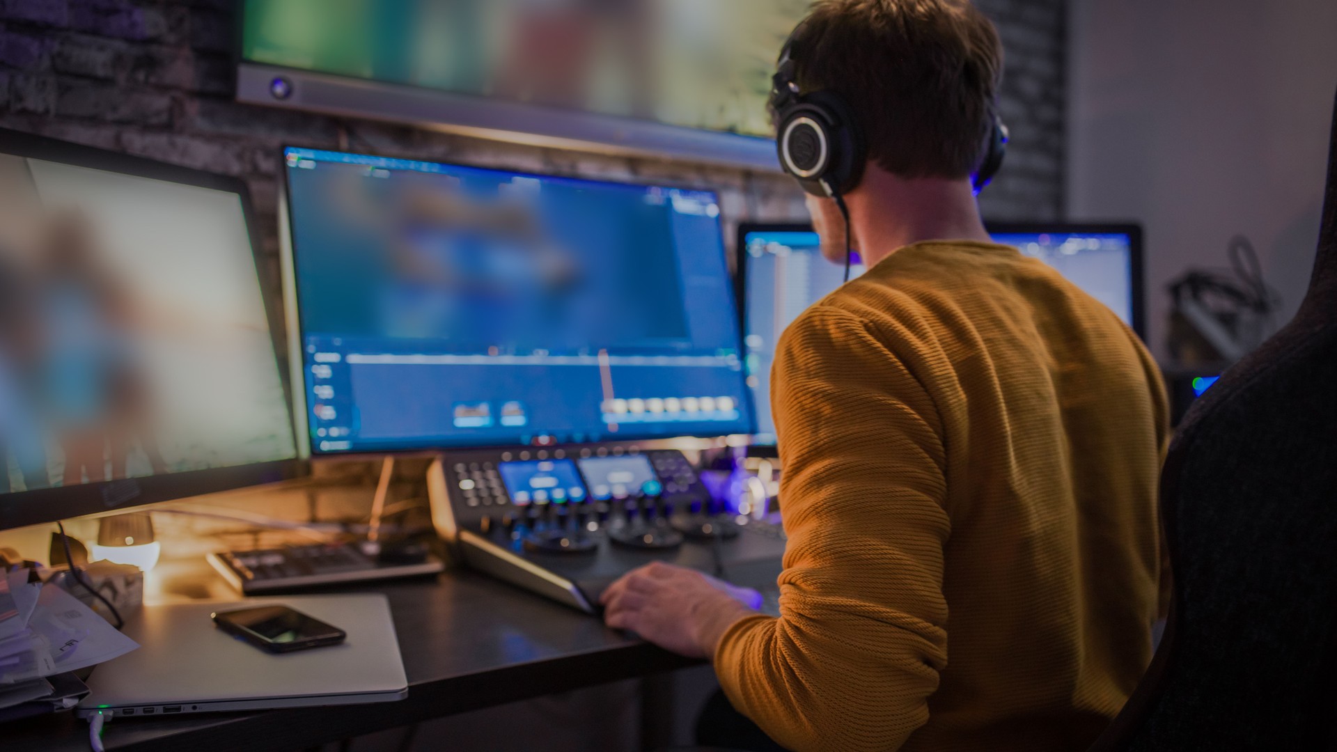 Male editor working with footage on computer screens at desk